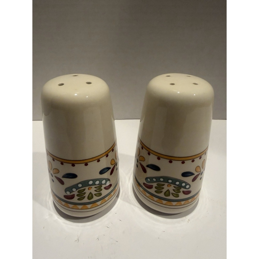 Retired Bobby Flay Sevilla Red Trim Salt & Pepper Shakers EUC BOHO HIPPIE